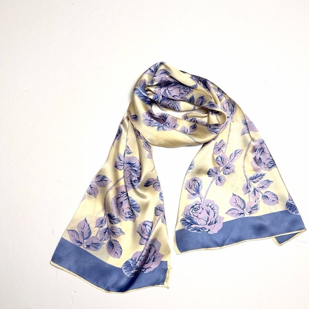 Albert Nipon Silk Oblong Scarf Cream Lilac Blue Floral 15x58" Japan Vintage
